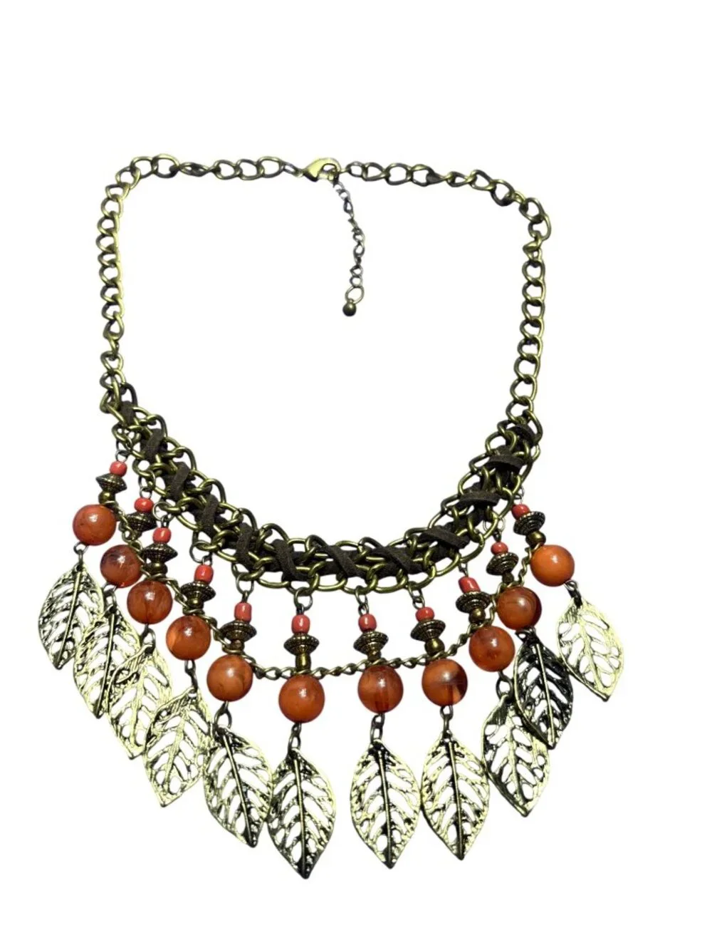 Antiqued Goldtone Boho Bib Necklace Orange Plastic Beads Leaves Brown Cord